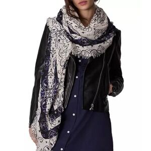 RAG & BONE Paisley Print Scarf Shawl Wrap Black White Blue Fringed Edges